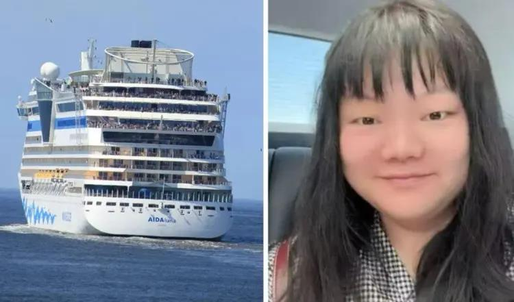 中国女子董秦(右)在在「爱达月光号」(AIDAluna)邮轮(左)上失踪。(取材自潇湘晨报)