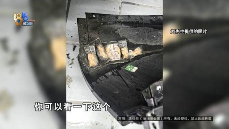 汽车防撞梁被拆开，出现麻花和饼干。（取材自1818黄金眼）