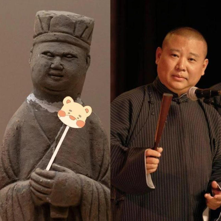 郭德纲(右图)和南博陶俑(左图)相貌神似。(取材自微博)