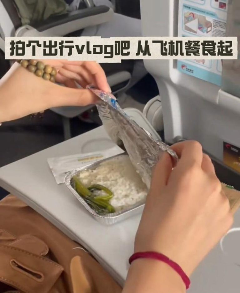 刘女士一开始发布飞机餐的vlog，只有一边有菜。（视频截屏）