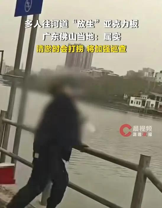 多人往佛山市一条河道「放生」亚克力板，有网友直言「是变相扔垃圾」。(取材自潇湘晨报)