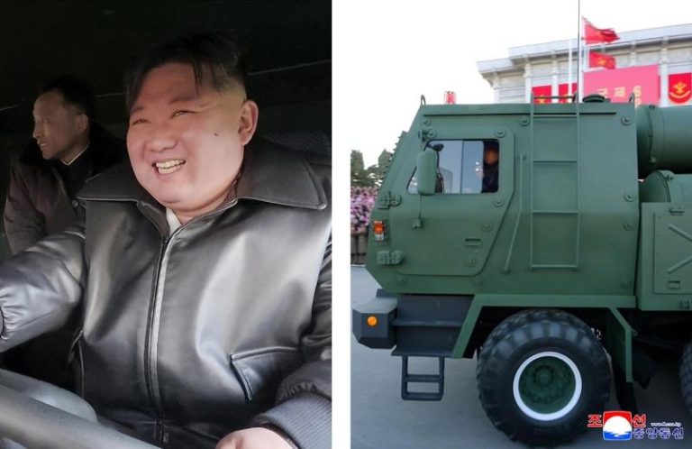 北韩大秀核弹头火箭发射器 金正恩:敌国连神明也难救 金正恩亲自驾驶600mm大口径放射砲发射车。(欧新社)