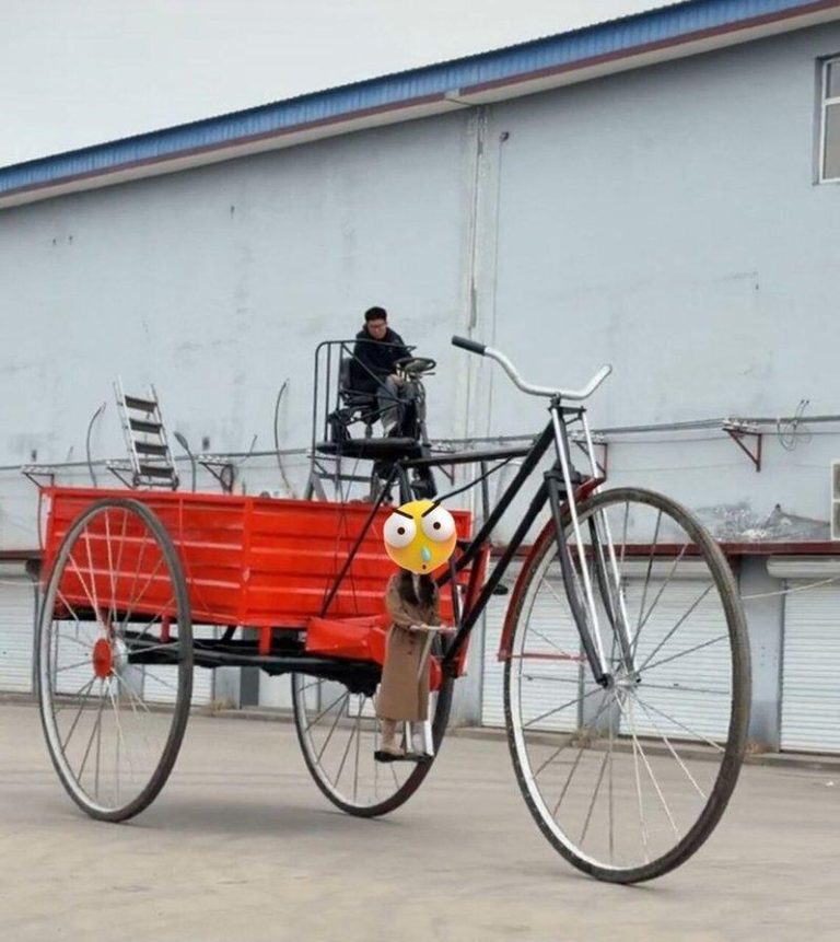 王先生打造的巨型三轮车。（视频截屏）