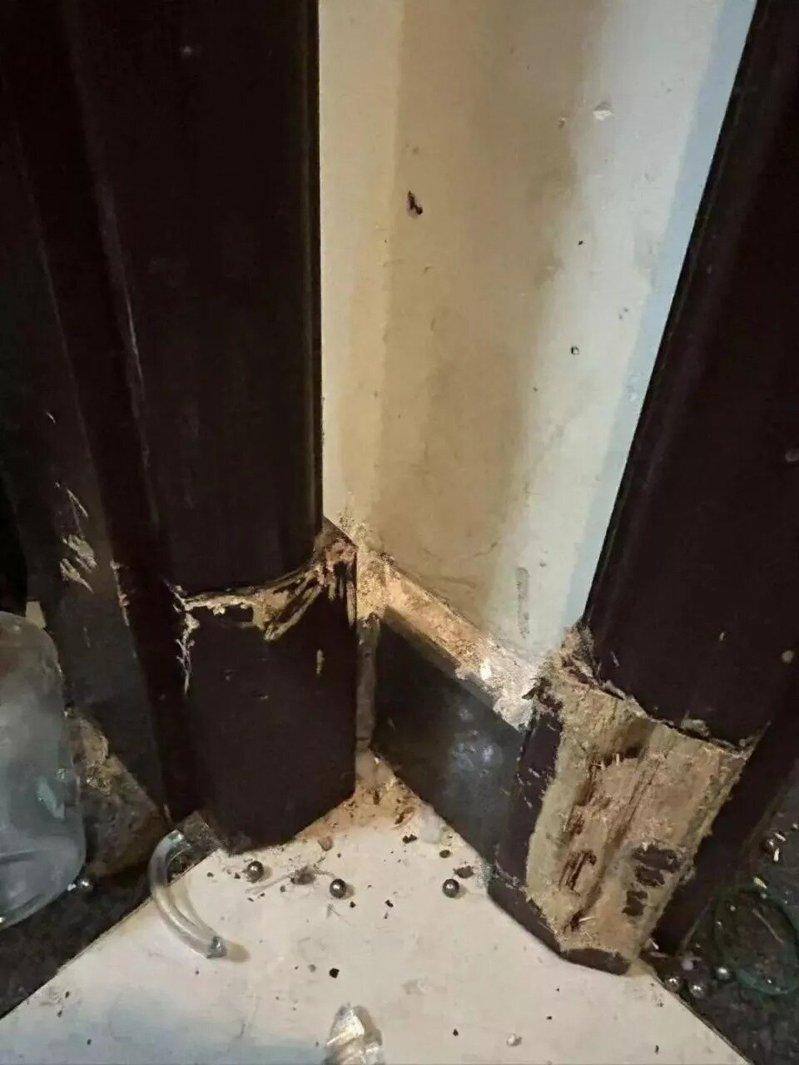 房间内的木质门框、电视柜角、桌角都有被狗啃咬痕迹。(取材自红星新闻)
