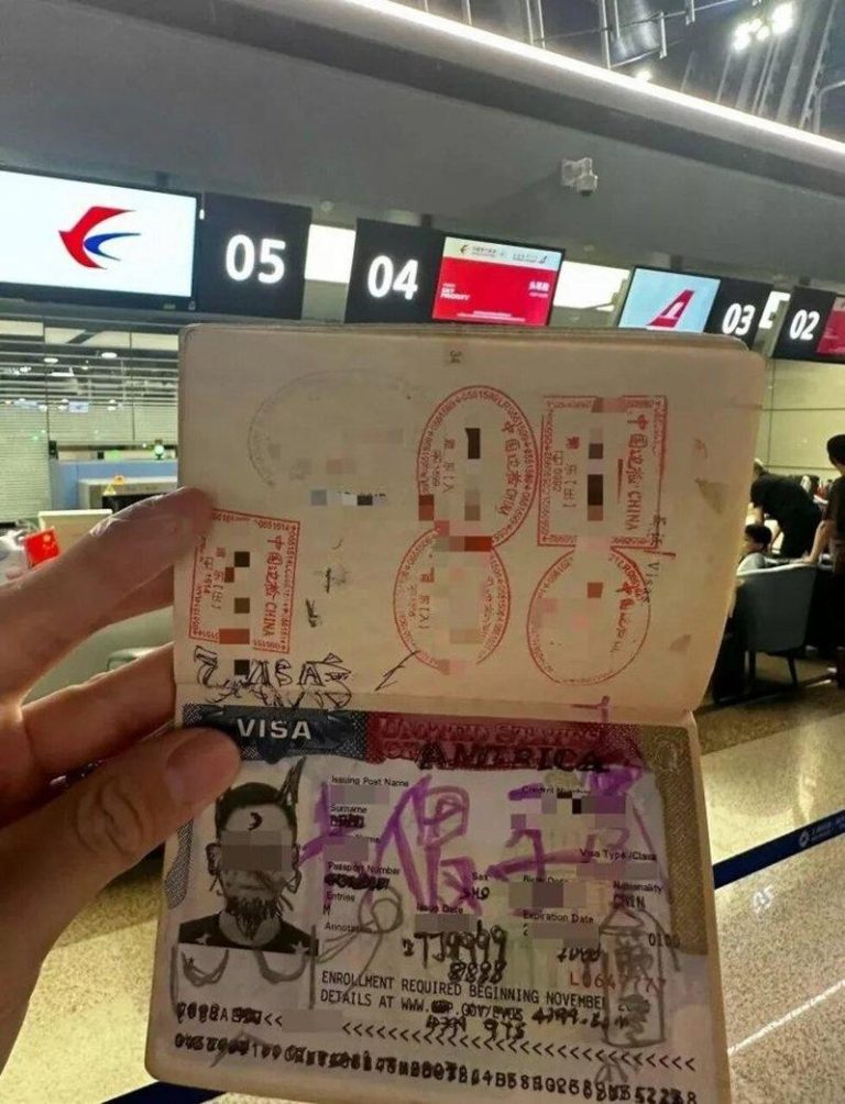 美签遭熊孩子涂鸦 还被写上3个字 中国男上不了飞机 男子的美国签证被涂污,还被写上「大傻子」。(小红书视频截屏)
