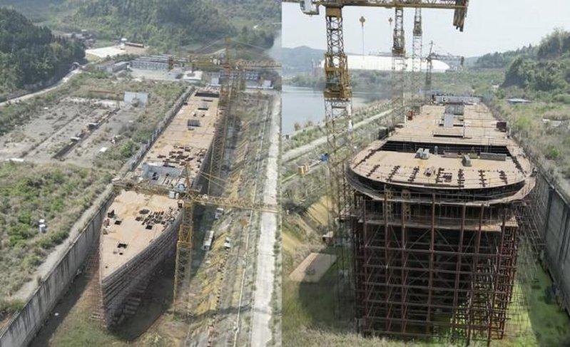 大英县「铁达尼号」由武昌船舶重工集团建造,船体长约270米,宽约28米。(中新社)