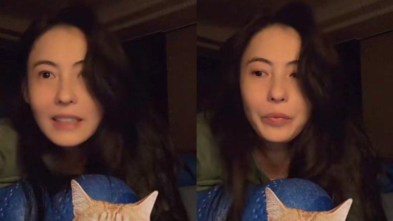 张柏芝刚睡醒全素颜入镜。（取材自微博）