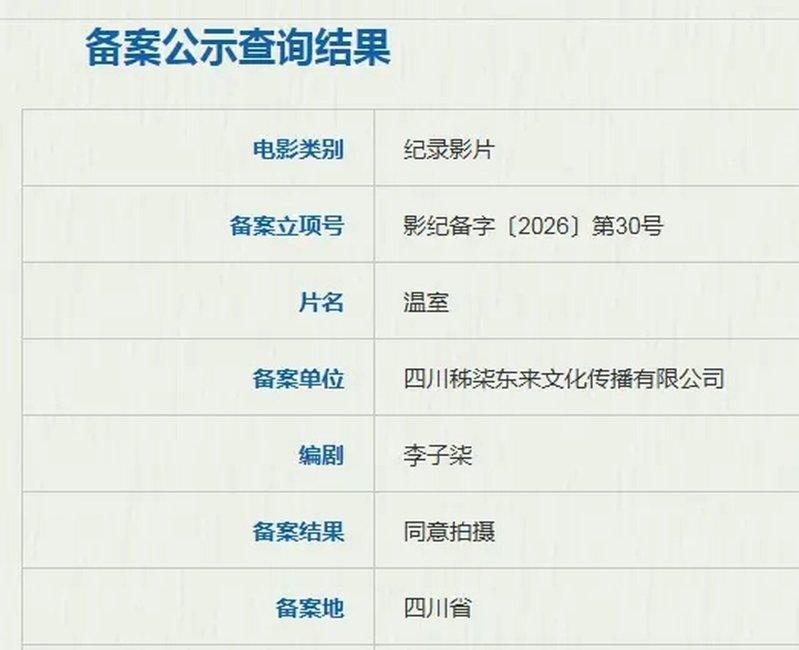 由李子柒编剧的电影「温室」已备案,类别为纪录像片。(取材自红星新闻)