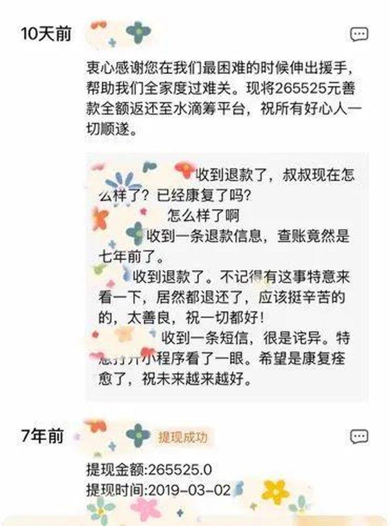 王先生收到了一笔来自水滴筹平台的100元退款。(取材自上游新闻)