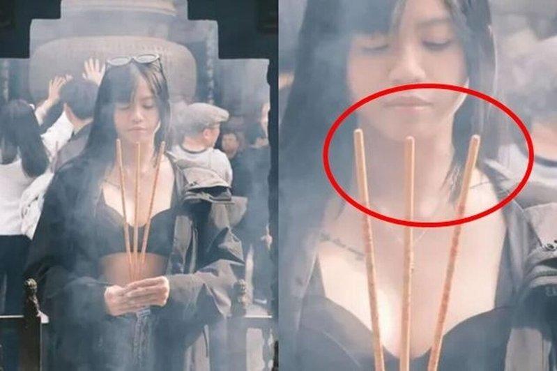 Junee被发现上香拜拜的画面中,手中的香根本没点燃。(图/翻摄自Threads...