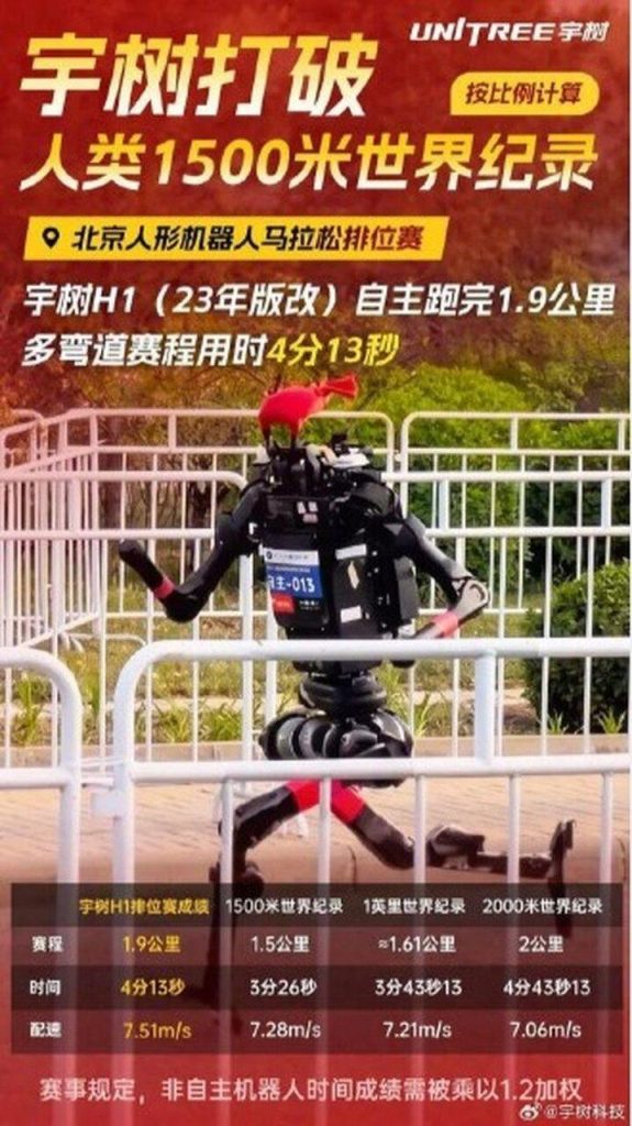 宇树:H1机器人每秒跑7.51米 打破人类1500米世界纪录 宇树科技旗下H1机器人再打破人类1500米世界纪录。(取材自宇树科技微博)
