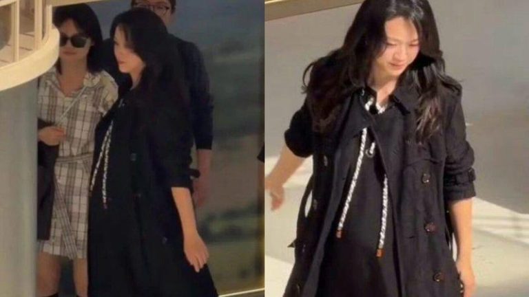 汤唯出席时尚活动，腹部明显隆起。(取材自微博)