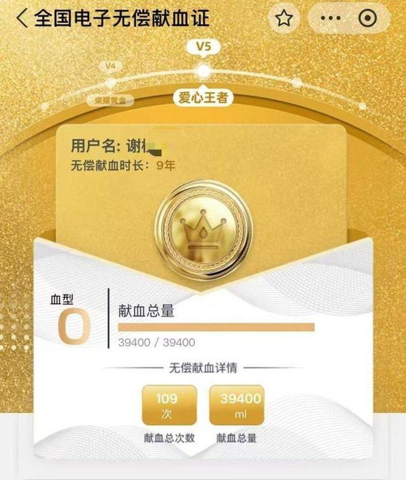 累计献血达109次,献血总量为39400毫升。(取材自澎湃新闻)