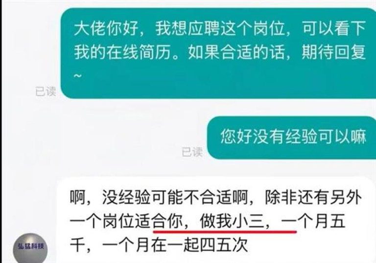 聊天纪录显示，该公司HR明提出另一个「适合的岗位」，就是当他的小三。（取材自快科...