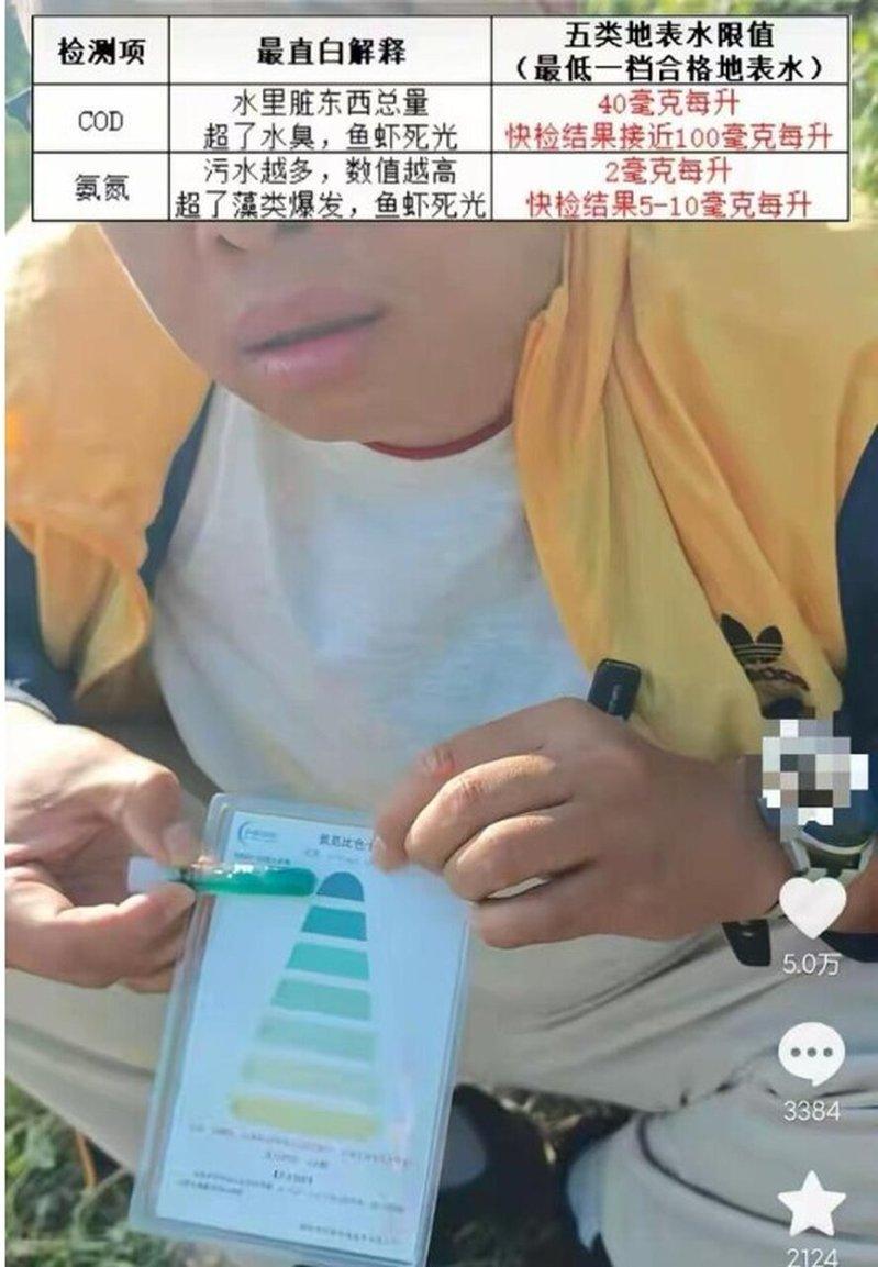 博主用随身带的氨氮检测试剂取了样。(取材自大风新闻)