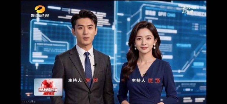 湖南经视黄金时段的新闻节目「经视新闻」4日正式激活的AI主持人声声和双双。（取材...