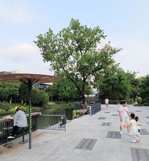 十字港公园内不少人选择坐在河边。(取材自都市快报橙柿交互)