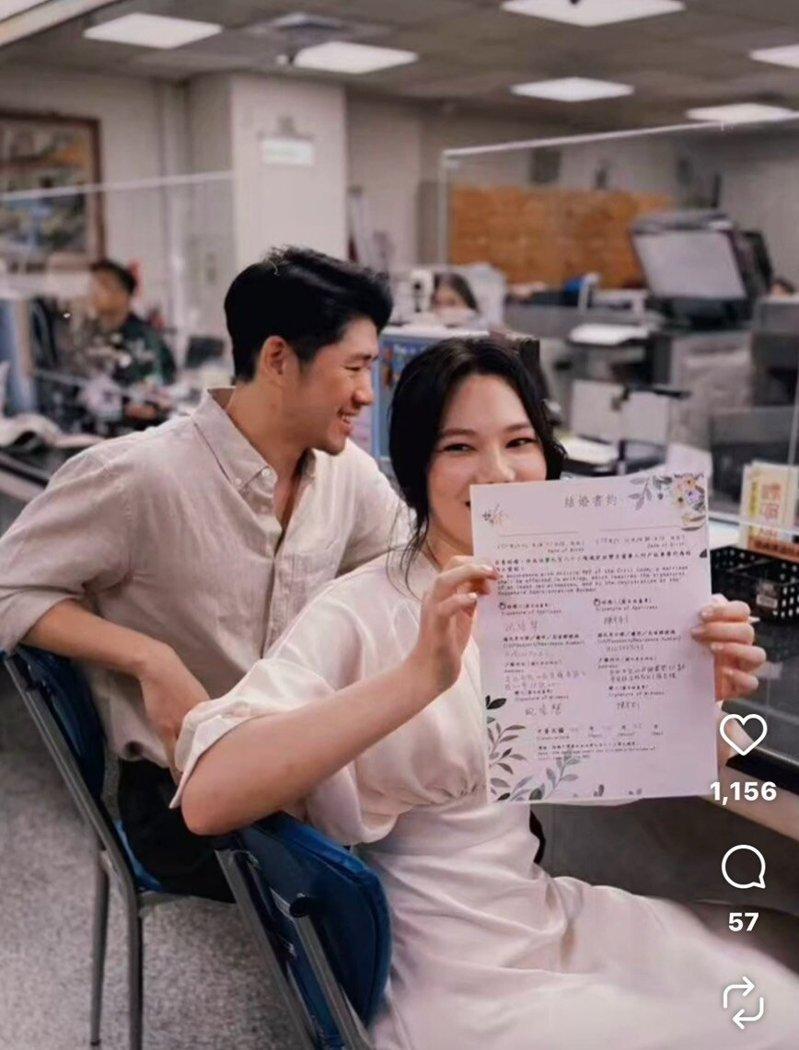纪培慧(右)开心秀结婚证书。(取材自Instagram)