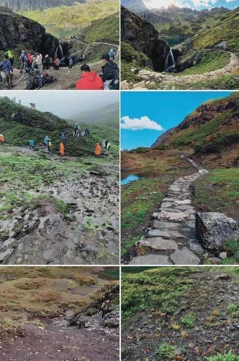 上左图:修复前的5号湖瀑布区域 上右图:修复后的5号湖瀑布区域。中左图:规范前的...