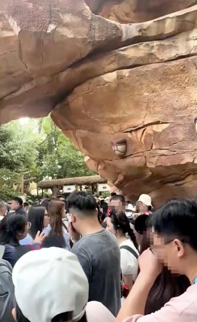 万名游客购上海迪士尼早享卡却无法游玩项目,排队高喊退票。(取材自大风新闻)
