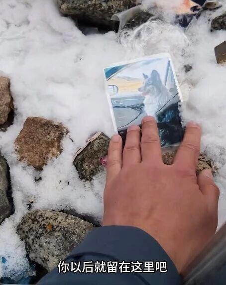 在「带锄头最后一次旅行」的视频里，郭义将锄头的照片放在雪地上。（取材自南风窗／截...