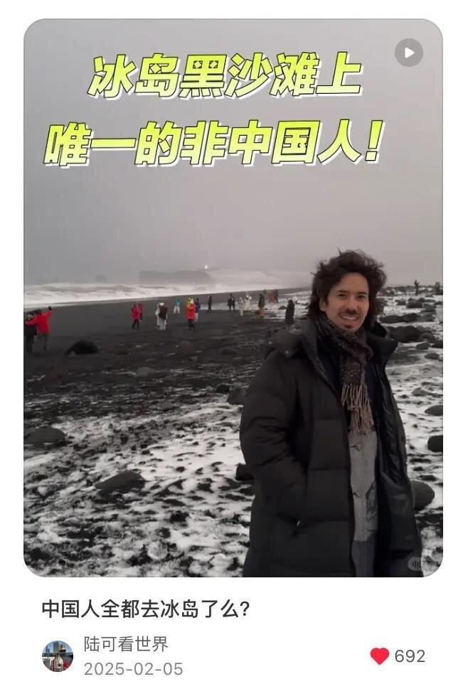 中国网友去冰岛，打卡黑沙滩上全是中国游客 ，除了图中这位同旅行团的朋友是巴西人，...