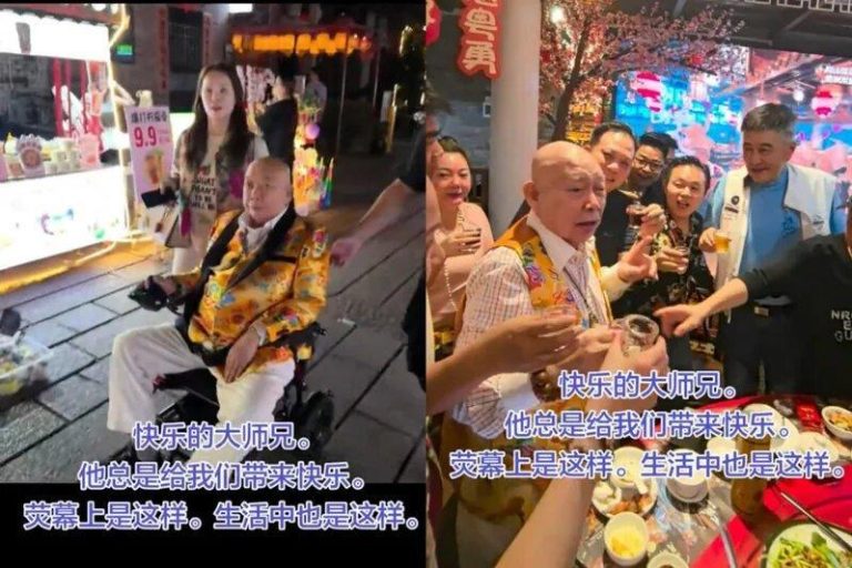 港星黄一飞曾在「少林足球」中饰演大师兄一角，近来以电动轮椅车代步。 （取材自抖音...