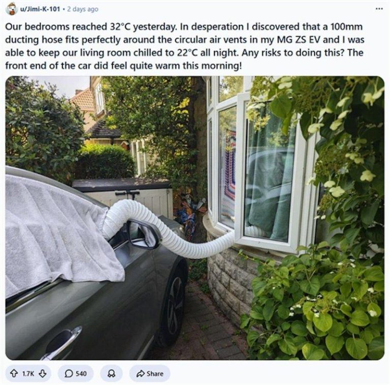 英国车主拿中国名爵电动车救急降温。（取材自X平台）