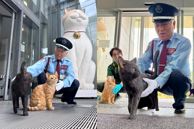黑猫「Ken酱」与橘猫「Got酱」化身木雕,正式进入尾道市立美术馆。图/截取自尾...