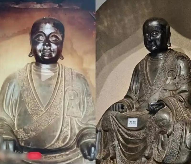 网友发布的对比图，左为被盗铜佛像，右为观复博物馆「古代铜罗汉像」。（取材自澎湃新...