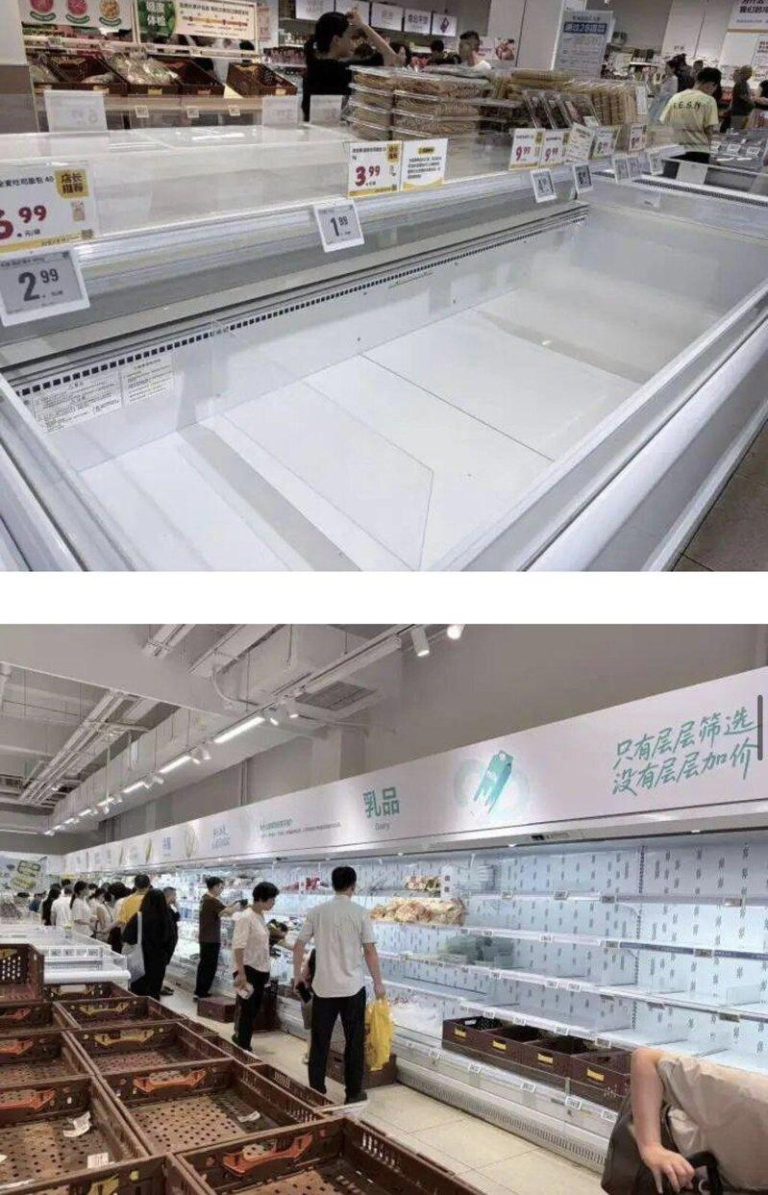 巴威增为强台 北京撤10万人 浙江「五停」 杭州超市 「一个蛋都买不到」 快乐猴超市拱墅美达丽阳店商品被抢购一空。(取材自每日经济新闻)