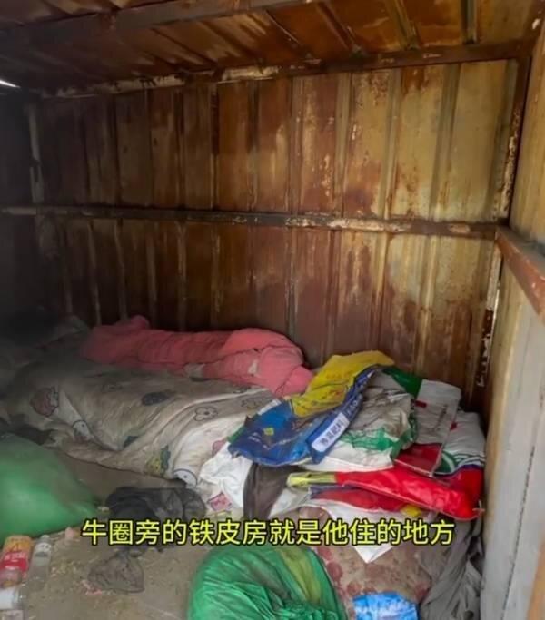 该名残障男子在牛圈旁的铁皮屋生活,环境非常恶劣。(视频截屏)