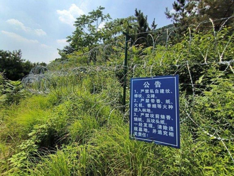 「刀片网」盘踞中国景区 多少动物「网」死? 2026年7月3日,泰山景区非开放区域的刀片刺绳隔离网及公告。(取材自南方周末/...
