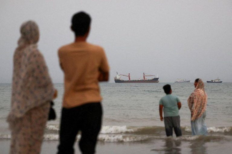 民众在伊朗海滩观看在荷莫兹海峡上的船舶。(路透)