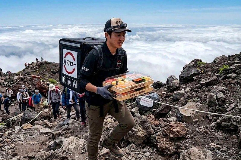 外送员爬富士山送外卖;示意图。(图/AI生成)