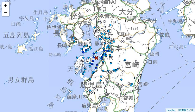 日本熊本县与长崎县当地时间4日下午2时6分左右发生地震，观测到震度3，无海啸疑虑...