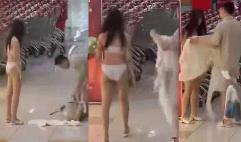 一名年轻女子一怒之下在深圳一间卖场当众脱衣。（取材自中国傻事脸书）