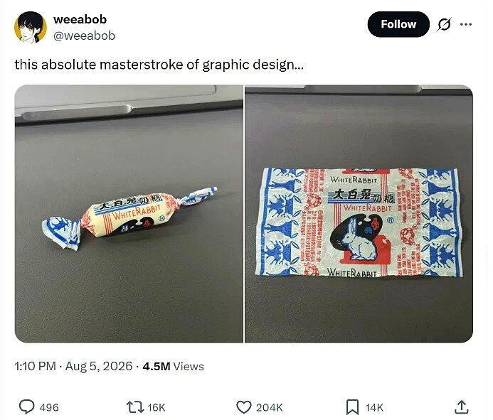 大白兔奶糖的糖纸在外网火了,网友称赞「这绝对是平面设计的杰作」。(取材自X平台)