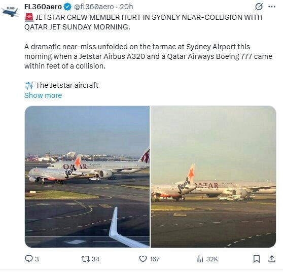 澳洲雪梨机场9日清晨一架捷星航空(Jetstar)班机与一架卡塔尔航空(Qatar...
