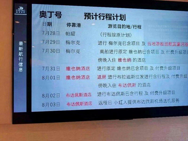 王女士提供的邮轮原定行程以及调整后的行程。（取材自21世纪经济）