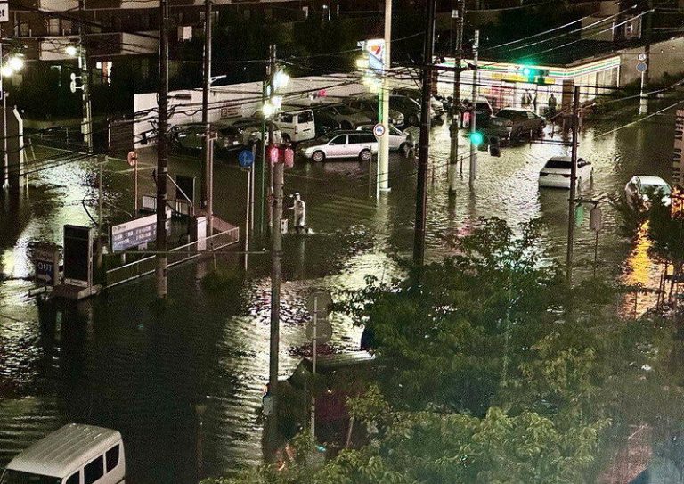 日本东京近郊千叶县因豪雨造成道路积水成灾。(欧新社)
