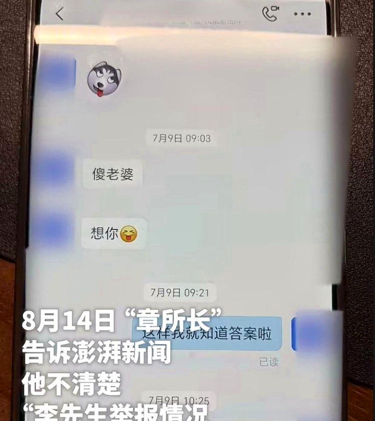 李先生提供妻子与「 章所长」的聊天纪录。（取材自澎湃新闻）