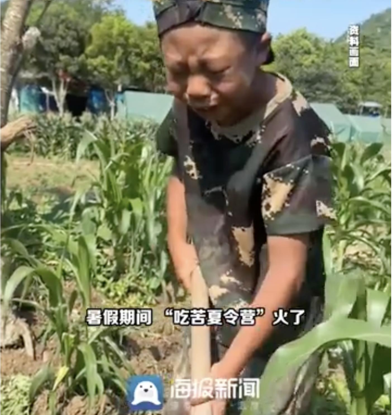 中国「吃苦夏令营」走红 家长抢着花钱送孩子去砍柴喂猪 今年暑假,主打苦难教育的「吃苦夏令营」在大走红。图为学童在农家种地,边种边哭。(...