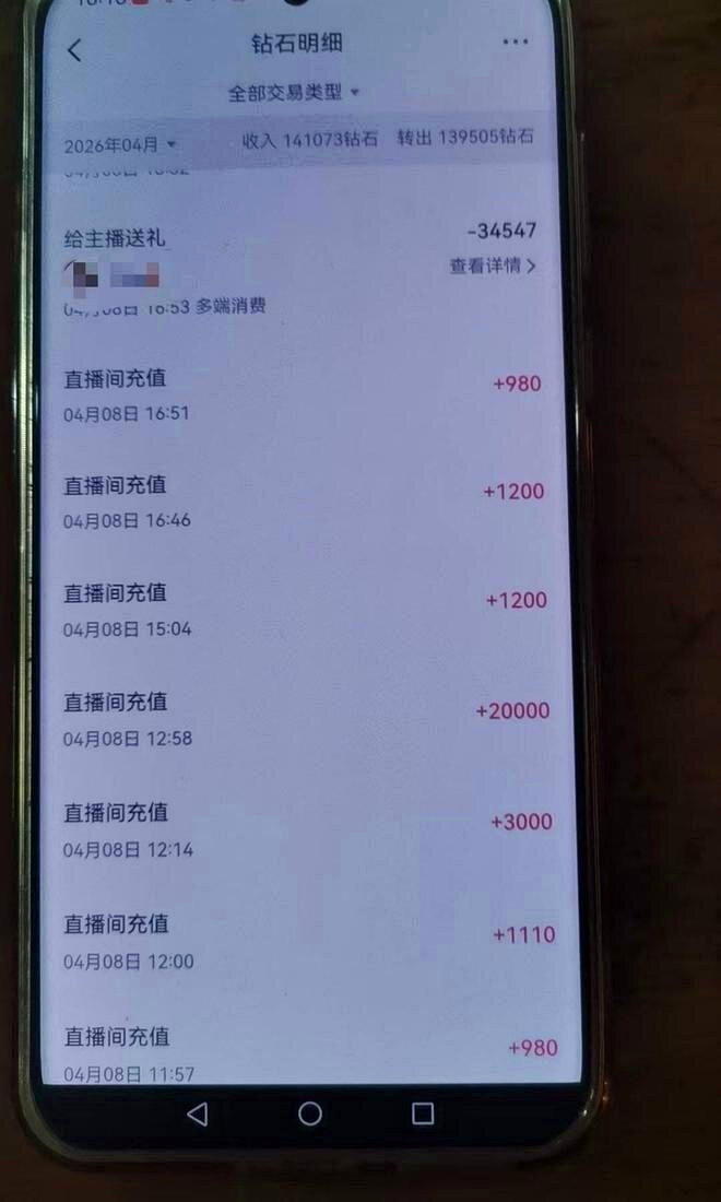 杨某给某主播的「打赏」纪录。（视频截屏）