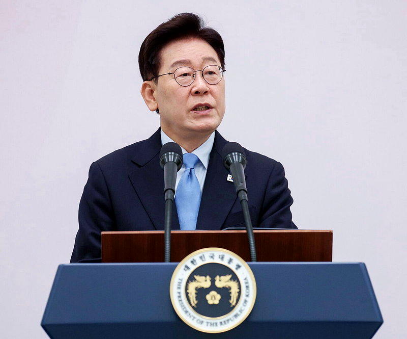 南韩总统李在明27日在总统府一场会议发表谈话。(欧新社)