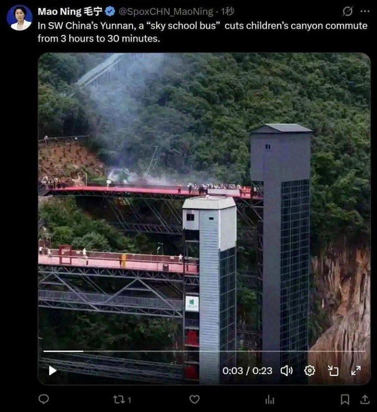 毛宁点赞的云南「空中校车」 让娃上学路3小时变30分钟 日前,外交部发言人毛宁在海外社交平台发布视频并配文,点赞推介云南宣威尼珠河大峡谷...