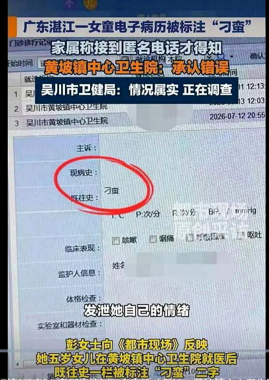 广东吴川市一名五岁女童的电子病历被涉事医师标注「刁蛮」二字。(取材自都市现场)