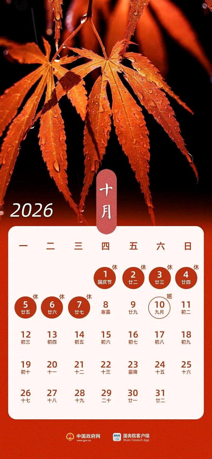 今年中国迎来「上5休1、上5休3、上3休7、上3休1」的放假调休模式。(取材自观...