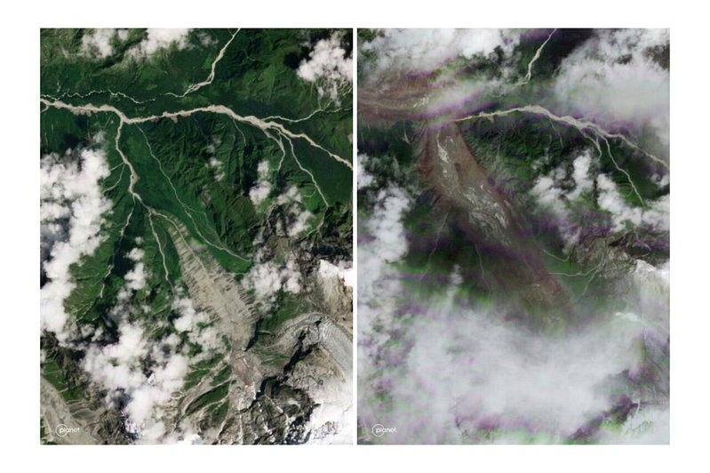 尼泊尔与中国西藏交界的喜马拉雅地区8月26日发生严重山洪,左图为山洪前卫星影像,...