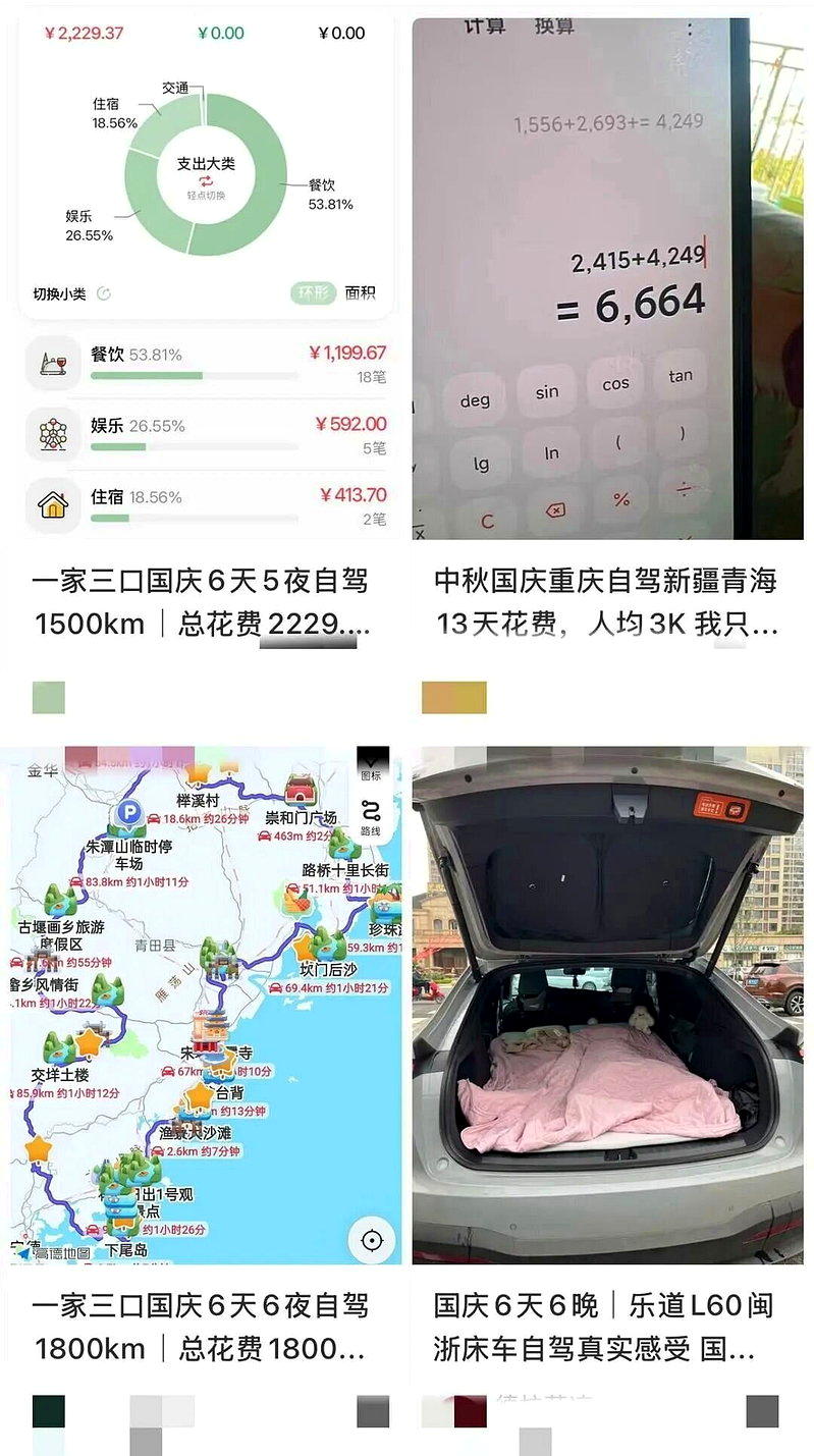 十一假期「床车」旅游走红,不少游客在社群平台分享自驾行程与花费,有一家三口6天总...